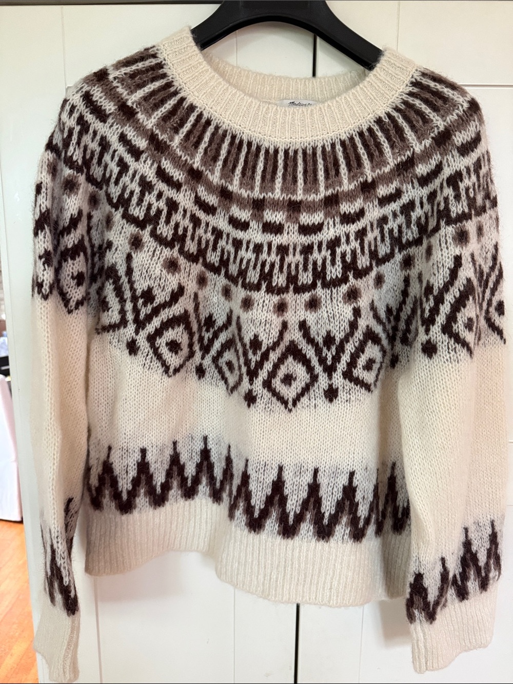 Madewell Cream and Brown Nordic-Pattern Crewneck Sweater  fair isle  never worn